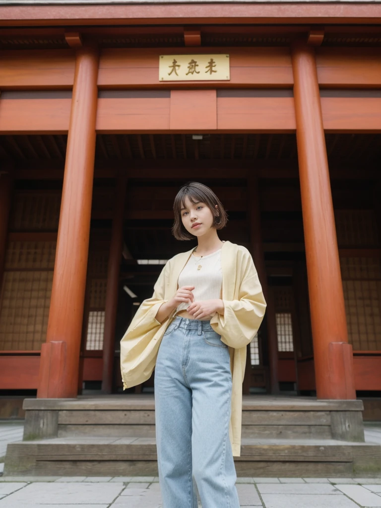 her name is Amelie, high quality, 1girl, ((20-year-old fit Caucasian woman)), ((20 years old)), ((fit)), ((Wavy Bob)), pose: standing, wearing stylish fashionable Generation-Z modern wear colored, BACKGROUND: Inside the serene Meiji Shrine, with its towering wooden torii gates, intricate woodwork, and tranquil inner sanctum.