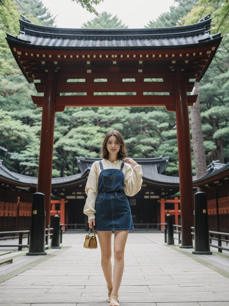 her name is Amelie, high quality, 1girl, ((20-year-old fit Caucasian woman)), ((20 years old)), ((fit)), ((Wavy Bob)), pose: standing, wearing stylish fashionable Generation-Z modern wear colored, BACKGROUND: Inside the serene Meiji Shrine, with its towering wooden torii gates, intricate woodwork, and tranquil inner sanctum.