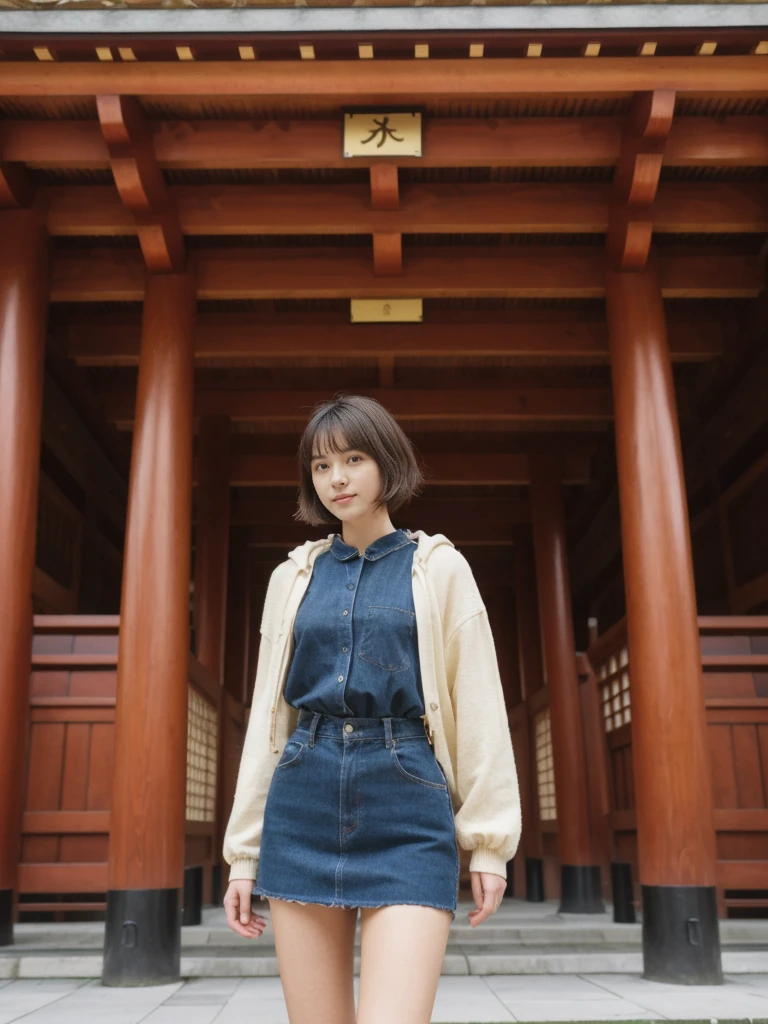 her name is Amelie, high quality, 1girl, ((20-year-old fit Caucasian woman)), ((20 years old)), ((fit)), ((Wavy Bob)), pose: standing, wearing stylish fashionable Generation-Z modern wear colored, BACKGROUND: Inside the serene Meiji Shrine, with its towering wooden torii gates, intricate woodwork, and tranquil inner sanctum.