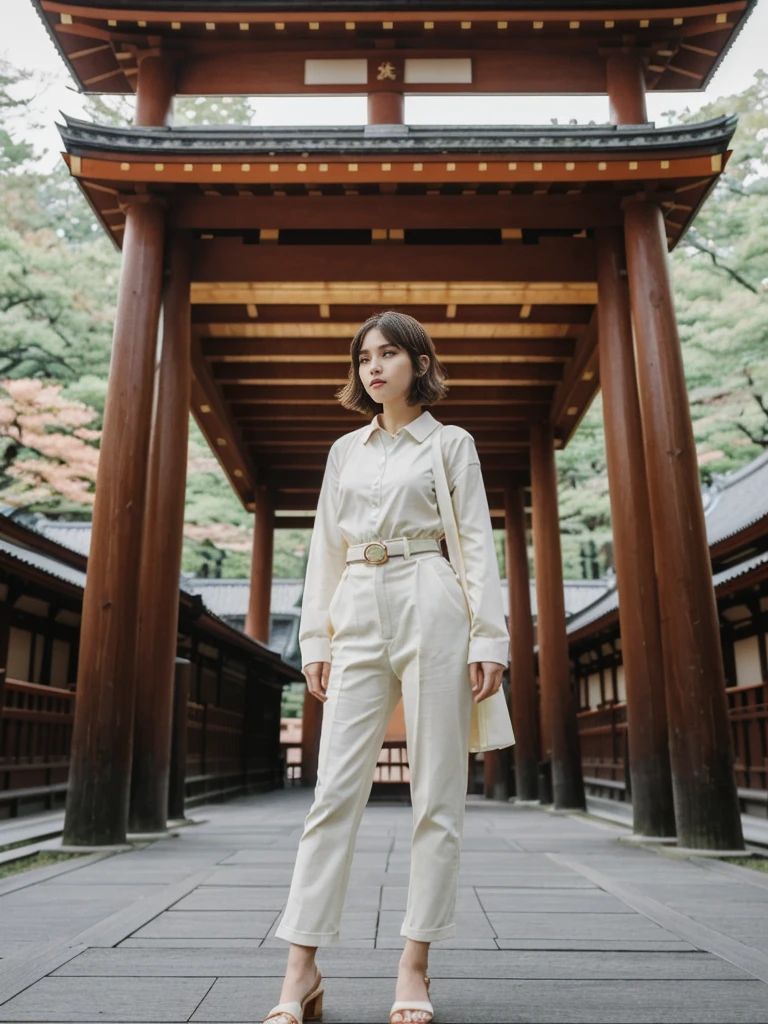 her name is Amelie, high quality, 1girl, ((20-year-old fit Caucasian woman)), ((20 years old)), ((fit)), ((Wavy Bob)), pose: standing, wearing stylish fashionable Generation-Z modern wear colored, BACKGROUND: Inside the serene Meiji Shrine, with its towering wooden torii gates, intricate woodwork, and tranquil inner sanctum.