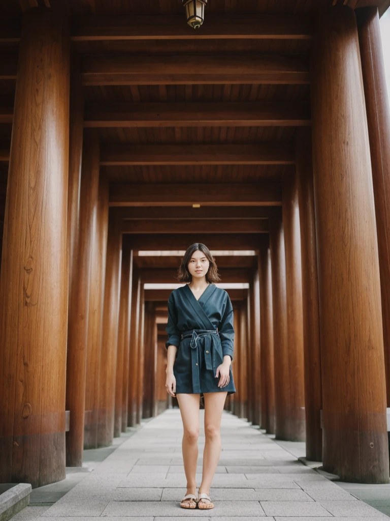 her name is Amelie, high quality, 1girl, ((20-year-old fit Caucasian woman)), ((20 years old)), ((fit)), ((Wavy Bob)), pose: standing, wearing stylish fashionable Generation-Z modern wear colored, BACKGROUND: Inside the serene Meiji Shrine, with its towering wooden torii gates, intricate woodwork, and tranquil inner sanctum.