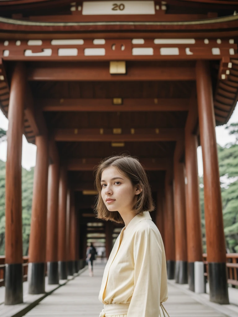 her name is Amelie, high quality, 1girl, ((20-year-old fit Caucasian woman)), ((20 years old)), ((fit)), ((Wavy Bob)), pose: standing, wearing stylish fashionable Generation-Z modern wear colored, BACKGROUND: Inside the serene Meiji Shrine, with its towering wooden torii gates, intricate woodwork, and tranquil inner sanctum.