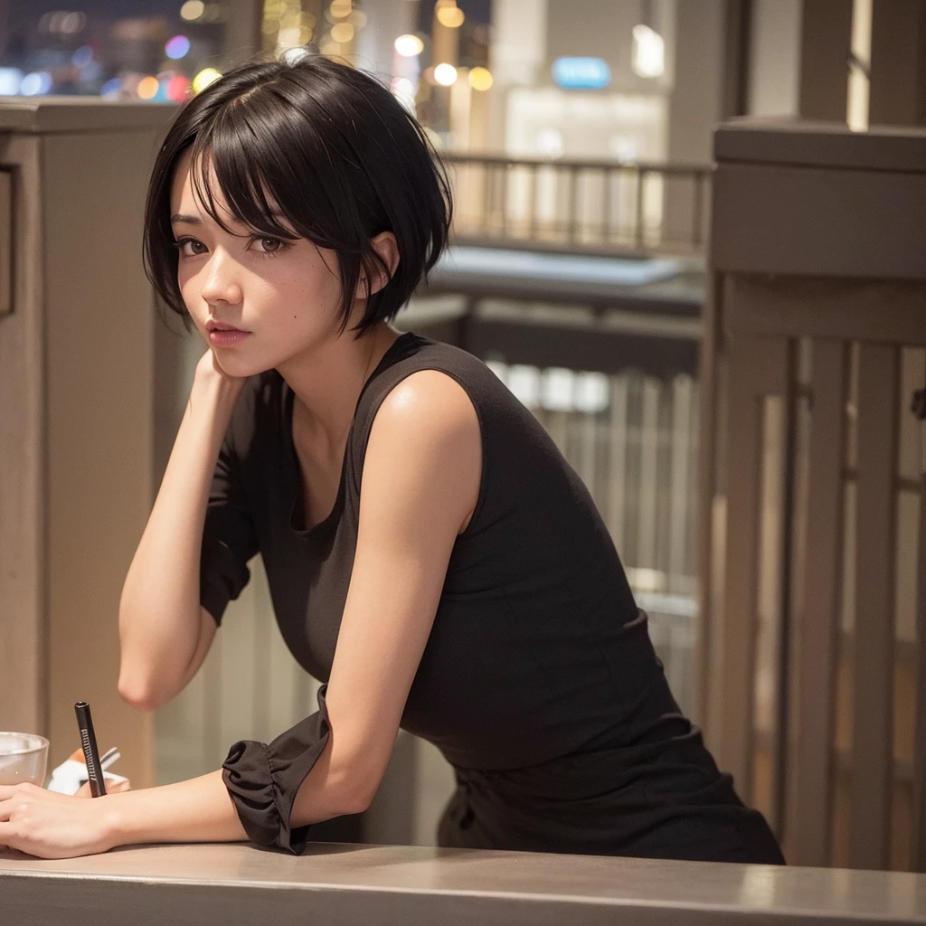 Girl with medium short black hair. At night on a balcony , while a cigarette 