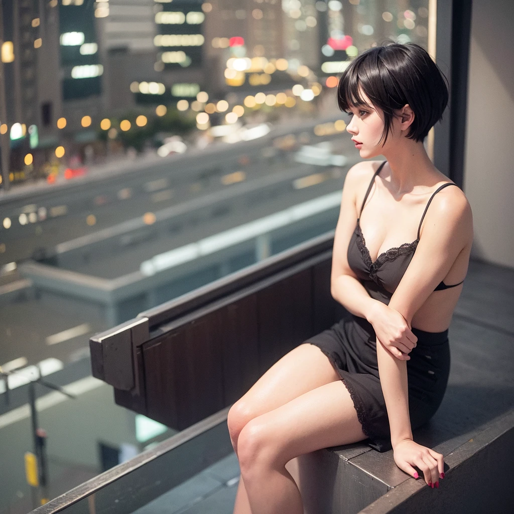 Girl with medium short black hair. At night on a balcony , while a cigarette