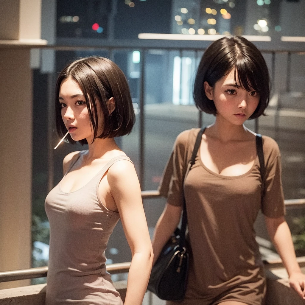 Girl with medium short black hair. At night on a balcony , while a cigarette 