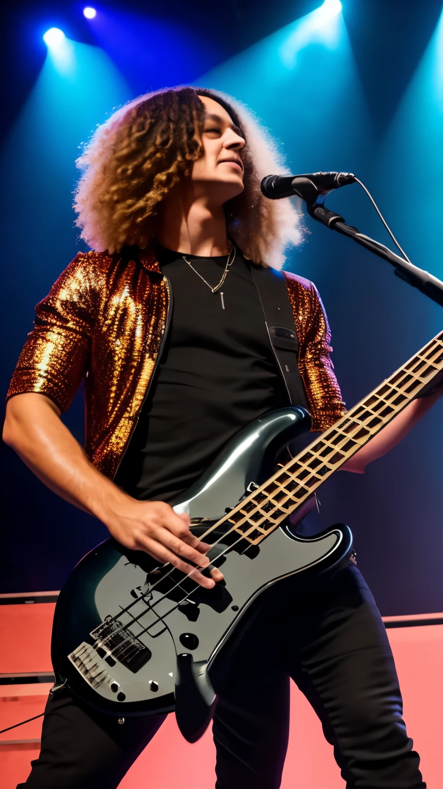 create a rock star playing bass on stage, short hair,realistic,8k, uhd,