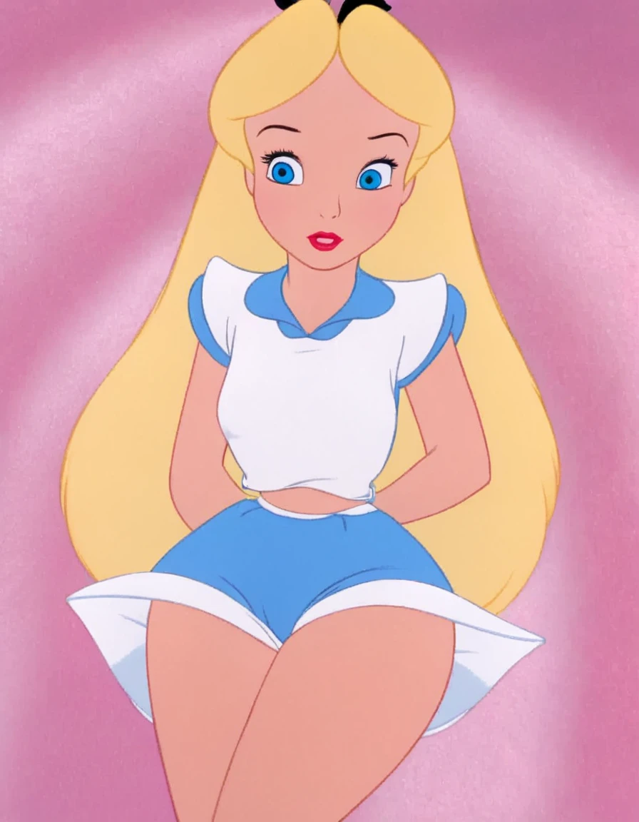 wxaliwonlan, 1girl, solo, long hair, blue eyes, blonde hair, alice, disney, masterpiece, best quality, full view, white panties with blue hearts, heart print panties, white bra, looking down, legs together, standing, front view, bare chest, bellybutton, bare shoulders, bare arms, view from below, no dress, no apron, undressed 