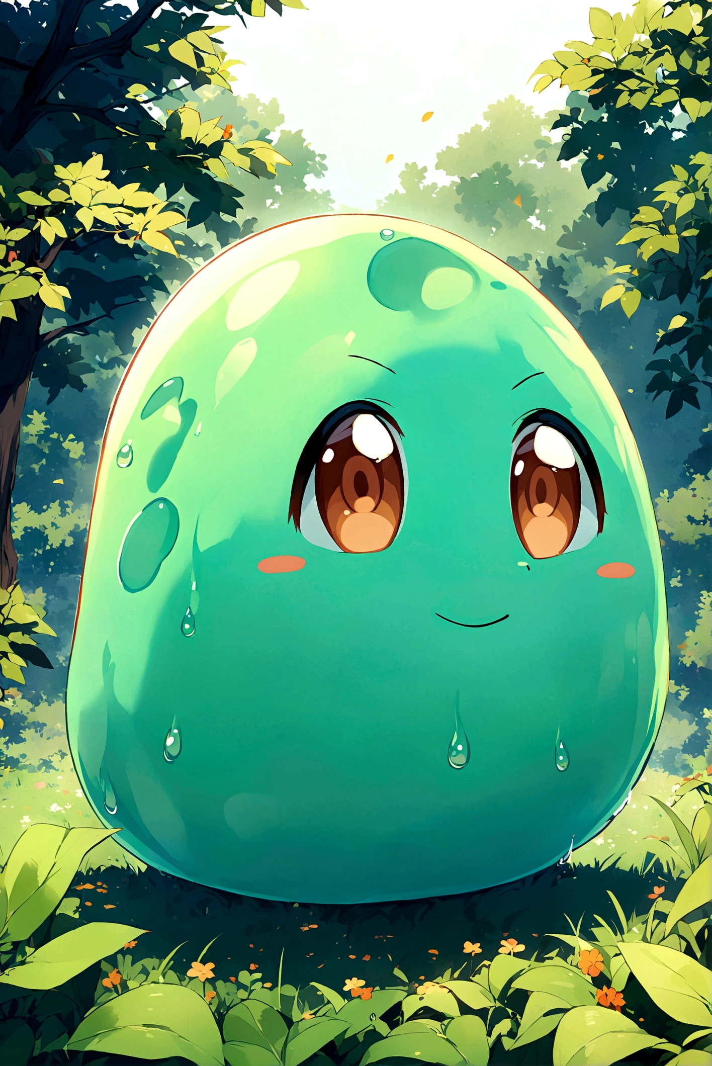 An anime teenager slime boy with a green skin, brown eyes, and a blue and green colored hair