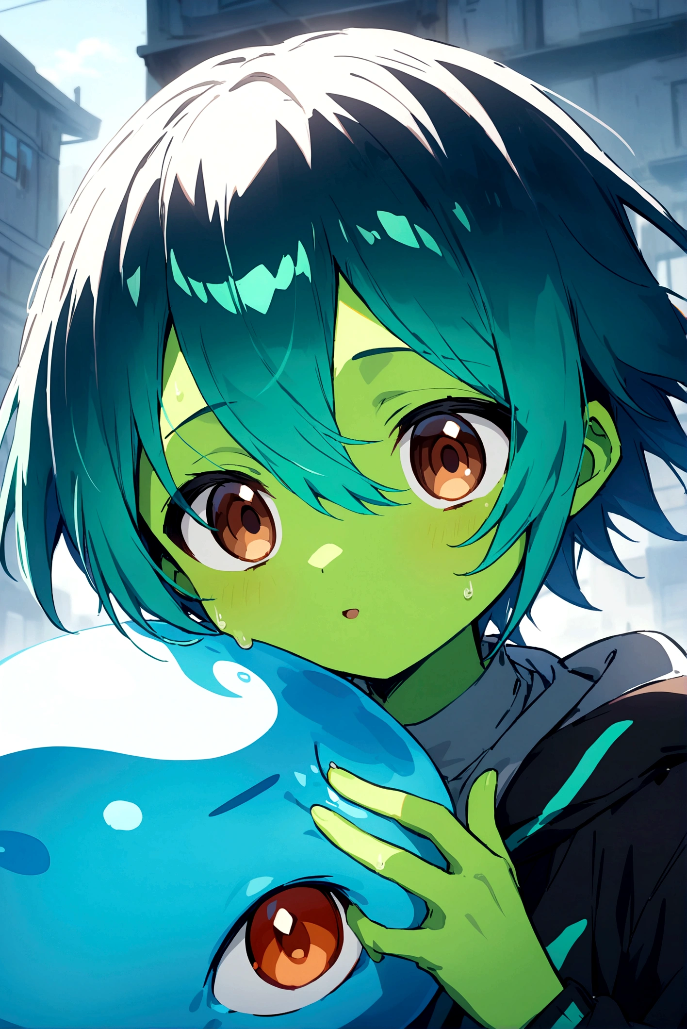 An anime teenager slime boy with a green skin, brown eyes, and a blue and green colored hair