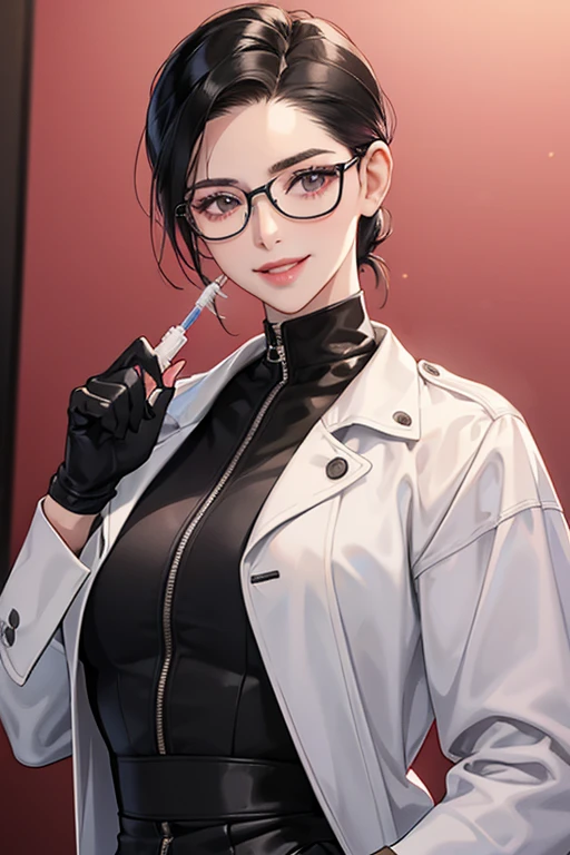 A mature woman with short black hair, slicked back, glasses and a white coat wearing a black enamel catsuit and long pink rubber gloves in a hospital room, smiling gently with a syringe in her hand