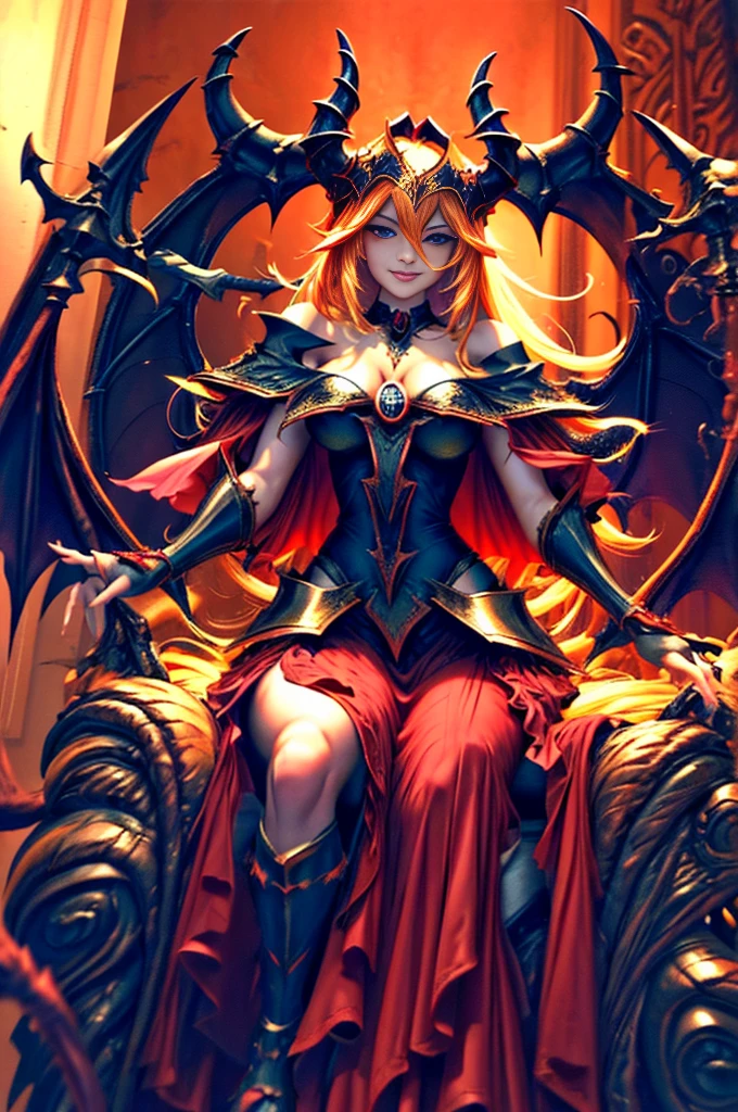 Gils ultra detailed dark wizards as Satan on the throne of hell., Devil, sexy red dress, demon wings, cabello rubio y long. blue eyes. demon horn, Realistic and detailed eyes, Context of hell chaos and destruction., Evil queen, looking directly at the camera, smiling with satisfaction, long, black nails, Shaded illustration of a high quality cell in hell., whole body, dynamic installation, perfect anatomy, centered, freedom, alma, Approach to perfection, 8k , dramatic cinematic atmosphere, watercolor painting, global illumination, Detailed and intricate environment, art station, conceptual art, soft and sharp focus, volumetric lighting, cinematic lighting