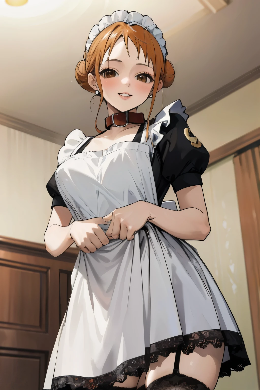 masterpiece, best quality, ultra-detailed, 1girl (namiop, Big and pretty breasts, naked body, jewelry, earrings, dog collar, orange hair, , single hair bun, brown eyes), smile, makeup, glow lips, facing viewer, looking at viewer, solo, maid(black), frill, apron, maid headdress, white lace thighhighs,ultra mini skirt, skirt lift, black lace panties, wanostyle, night time, in the livingroom, standing, Sexy waist teasing, skirt lift, from_below