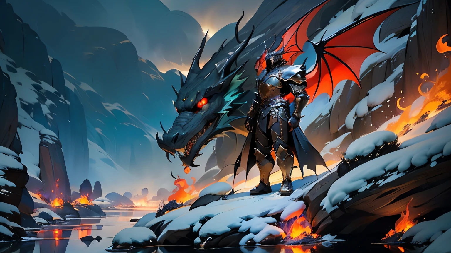 A valiant knight stands in a vast, rugged valley, his armor glinting in the fiery glow. Beside him, a formidable black dragon unleashes a torrent of flames, its scales absorbing and reflecting the fire's light. The knight, with a determined expression, holds his sword aloft, its blade catching the fiery glow. The landscape around them is dramatic, with jagged rocks and a dark, stormy sky filled with swirling clouds. The flames from the dragon cast long, flickering shadows across the valley, highlighting the intensity of the scene. The dragon's eyes burn with a fierce intensity, while the knight stands resolute and fearless, a symbol of bravery and strength amidst the chaos.
