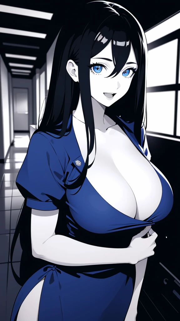 (masterpiece), (best quality), (ultra-detailed), ((girl, 29 years old)), an extremely delicate and beautiful, detailed eyes, minute details, (black hair, long hair, straight hair, hair between eyes), ((big breasts)), smile, open mouth, ((beautiful eyes)), (blue eyes), (upper body), she is wearing a blue dress, (detailed clothes), (detailed background, in a hospital, hospital hallway), (monochrome)