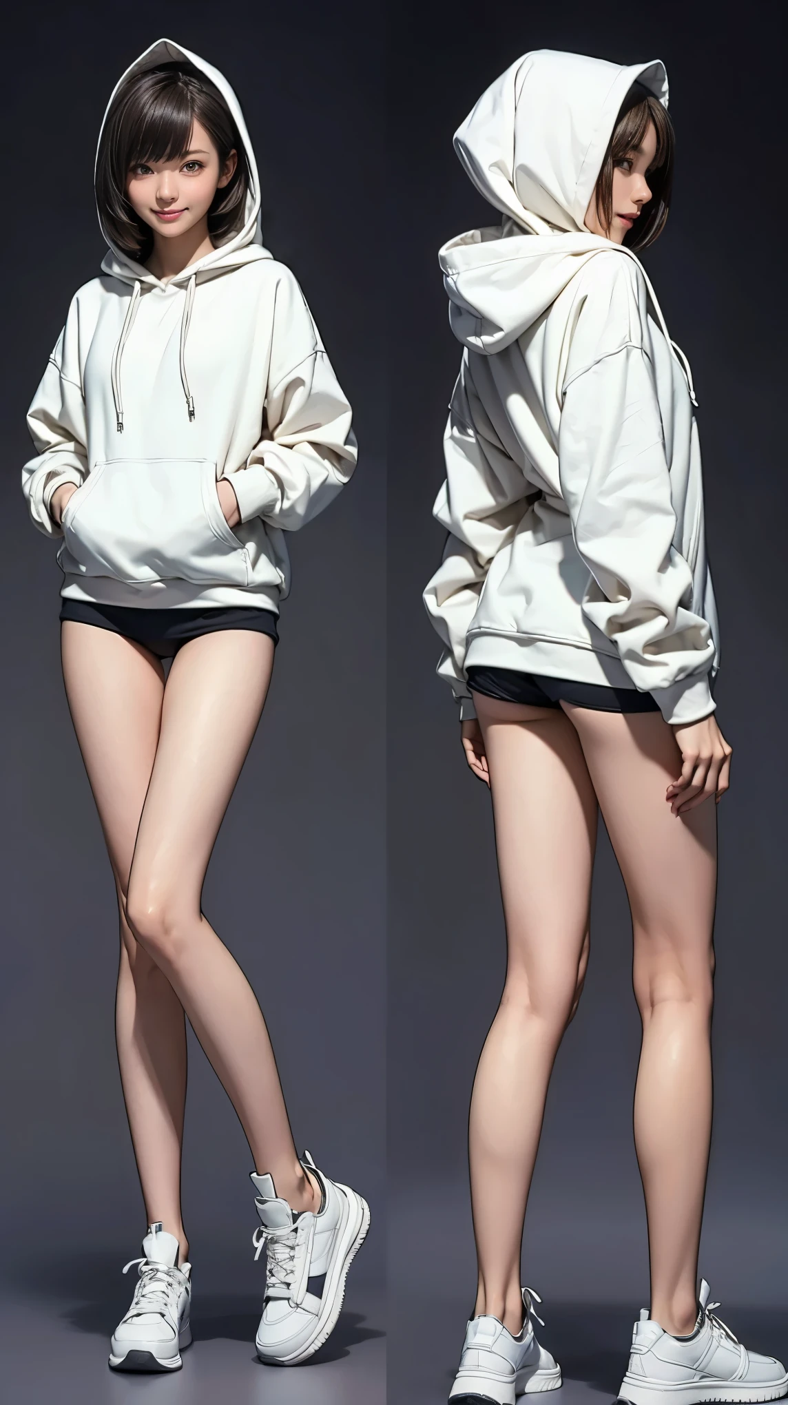 ((masterpiece)),(((Highest quality))),((Character design sheet)), Thin thighs,Long legs,18 year old Japanese girl, Cute type,The best smile:1.5，white long hoodie:1.5, Black panties in full view 1.5，Very short hair ,  (Highly detailed skin), The background is gray，Tuck up your clothes:1.5，Wearing a hood:1.5，Sexy pose with butt sticking out:1.5，Wearing white sneakers:1.5，I&#39;m not wearing a skirt:1.5，