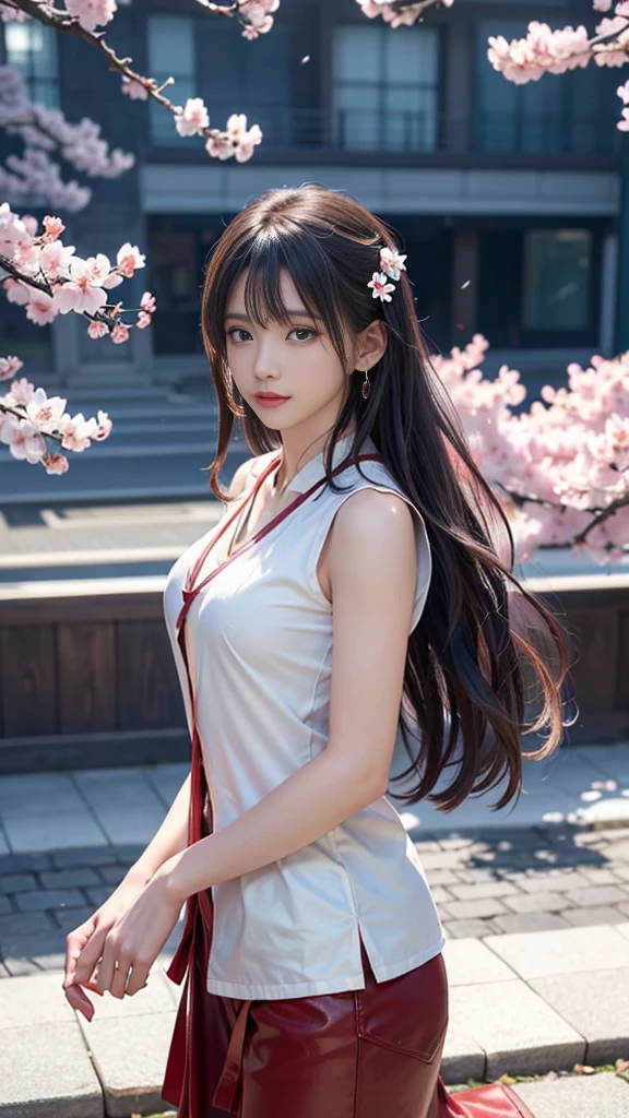 (Logo, masterpiece, 8K, On the table, RAW photos, wonderful, 最high quality, Photorealistic and hVery detailed CG integrated 8K wallpaper, high quality, Very detailed, Narrative Poems, Particle Effects, dynamic effect, Written border depth, light, lens flare, Ray Tracing)), fantasy, ((1 beautiful woman, Clear blue eyes, 赤いLong hair, Pretty Face, serious, Beautiful and delicate eyes, Beautiful skin)), 長い赤い髪がwindでなびく, 长长的红hair jump动, 長い赤い髪がwindで踊る, hair jump, camisole, Red leather pants, Red leather jacket, Silver earrings, ((night, wind, dark, Full Moon, night空, wind, Cherry blossoms, Cherry blossomsの花びらが舞っている, Cherry blossoms吹雪, Falling Flowers, Flying petals)), Hips up, beautiful eyes, Long hair, ringed eyes, Jewelry, Tattoo, Hanfu, Chinese Fairy, Taoist costumes