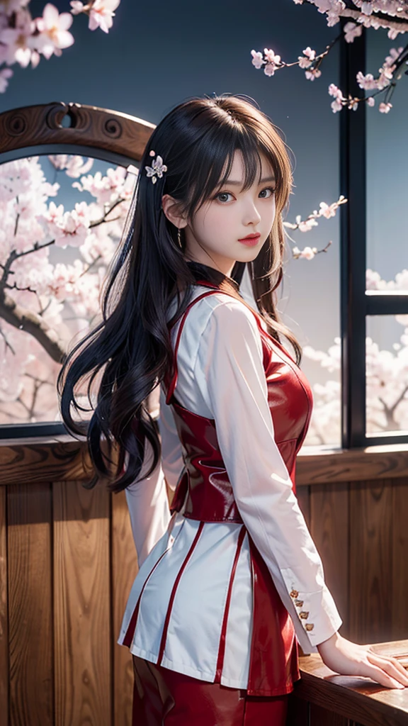 (Logo, masterpiece, 8K, On the table, RAW photos, wonderful, 最high quality, Photorealistic and hVery detailed CG integrated 8K wallpaper, high quality, Very detailed, Narrative Poems, Particle Effects, dynamic effect, Written border depth, light, lens flare, Ray Tracing)), fantasy, ((1 beautiful woman, Clear blue eyes, 赤いLong hair, Pretty Face, serious, Beautiful and delicate eyes, Beautiful skin)), 長い赤い髪がwindでなびく, 长长的红hair jump动, 長い赤い髪がwindで踊る, hair jump, camisole, Red leather pants, Red leather jacket, Silver earrings, ((night, wind, dark, Full Moon, night空, wind, Cherry blossoms, Cherry blossomsの花びらが舞っている, Cherry blossoms吹雪, Falling Flowers, Flying petals)), Hips up, beautiful eyes, Long hair, ringed eyes, Jewelry, Tattoo, Hanfu, Chinese Fairy, Taoist costumes