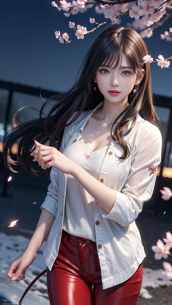 (Logo, masterpiece, 8K, On the table, RAW photos, wonderful, 最high quality, Photorealistic and hVery detailed CG integrated 8K wallpaper, high quality, Very detailed, Narrative Poems, Particle Effects, dynamic effect, Written border depth, light, lens flare, Ray Tracing)), fantasy, ((1 beautiful woman, Clear blue eyes, 赤いLong hair, Pretty Face, serious, Beautiful and delicate eyes, Beautiful skin)), 長い赤い髪がwindでなびく, 长长的红hair jump动, 長い赤い髪がwindで踊る, hair jump, camisole, Red leather pants, Red leather jacket, Silver earrings, ((night, wind, dark, Full Moon, night空, wind, Cherry blossoms, Cherry blossomsの花びらが舞っている, Cherry blossoms吹雪, Falling Flowers, Flying petals)), Hips up, beautiful eyes, Long hair, ringed eyes, Jewelry, Tattoo, Hanfu, Chinese Fairy, Taoist costumes