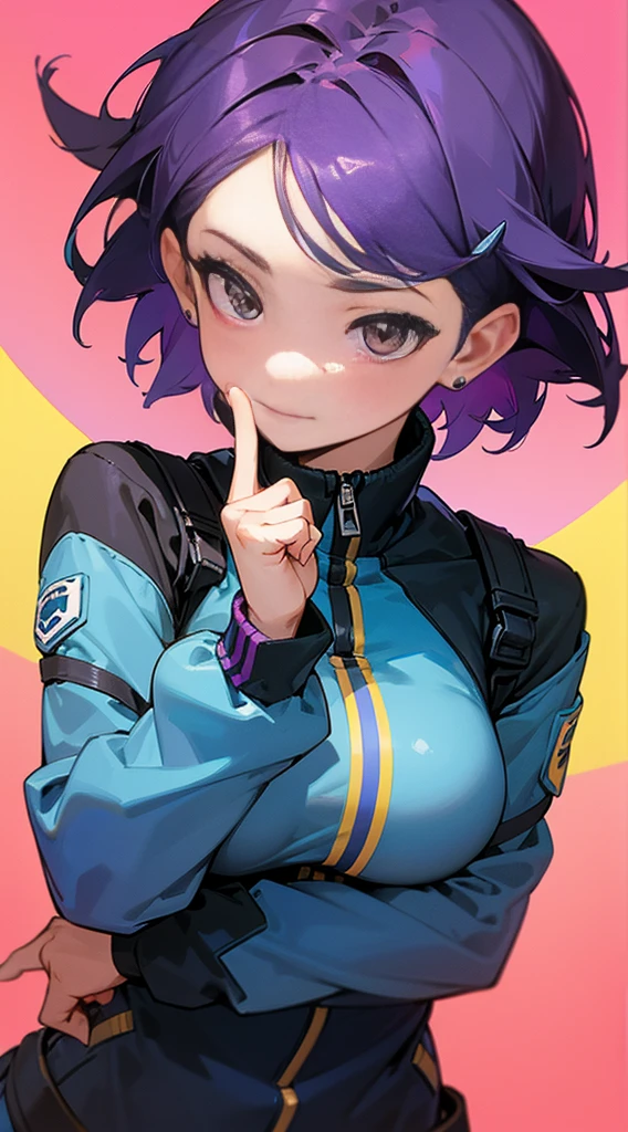Top Quality, 8K, 4K, High Definition, Detail, (better-quality, 8K, 12), top-quality, 1 girl、only showing her face, she has purple hair, wearing a yellow pin on her right side of her hair, she has her hands together, she looking at you, she is smiling at you, medium breast, her jacket color dark blue and light blue with a black zipper, brown eyes, showing her face and chesat, short hair long as her neck, (only showing half of her body) her jacket is loose. she is wearing earing only right ear shaped has a heart, she has her hand up making a pose, get closer to see up close of her face, she making a pose, she making pose her finger