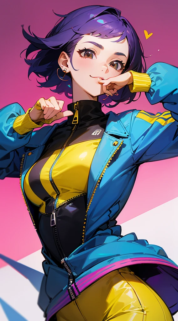 Top Quality, 8K, 4K, High Definition, Detail, (better-quality, 8K, 12), top-quality, 1 girl、only showing her face, she has purple hair, wearing a yellow pin on her right side of her hair, she has her hands together, she looking at you, she is smiling at you, medium breast, her jacket color dark blue and light blue with a black zipper, brown eyes, showing her face and chesat, short hair long as her neck, (only showing half of her body) her jacket is loose. she is wearing earing only right ear shaped has a heart, she has her hand up making a pose, get closer to see up close of her face, she making a pose, she making pose her finger