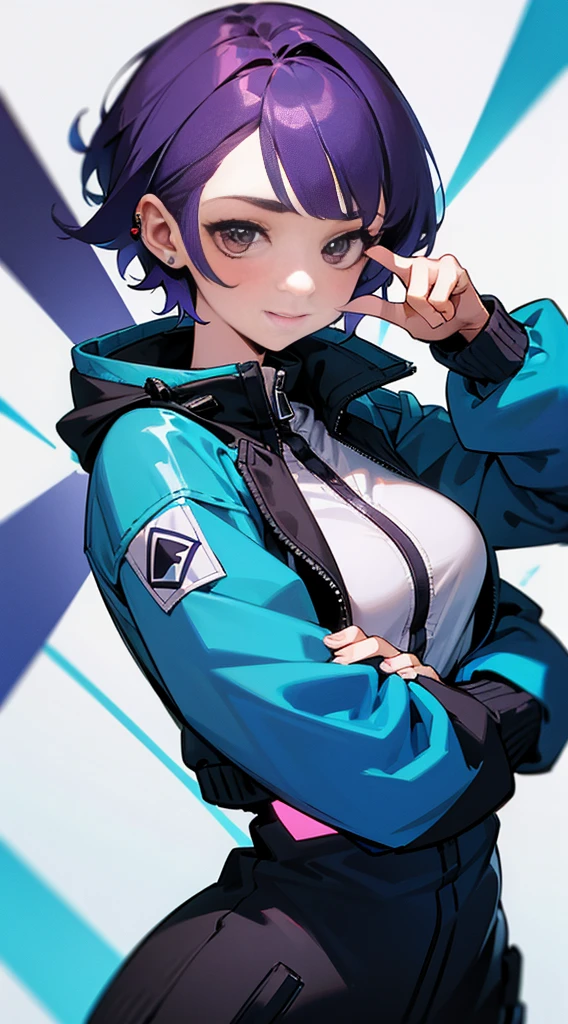 Top Quality, 8K, 4K, High Definition, Detail, (better-quality, 8K, 12), top-quality, 1 girl、only showing her face, she has purple hair, wearing a yellow pin on her right side of her hair, she has her hands together, she looking at you, she is smiling at you, medium breast, her jacket color dark blue and light blue with a black zipper, brown eyes, showing her face and chesat, short hair long as her neck, (only showing half of her body) her jacket is loose. she is wearing earing only right ear shaped has a heart, she has her hand up making a pose, get closer to see up close of her face, she making a pose, she making pose her finger