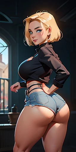 slave female, smirking smile red blush, blindfolded, unparalleled masterpiece, ultra realistic 8k CG, perfect artwork, (1girl:1.1) , solo, ((perfect female figure)), (nsfw), looking at viewer, mature female, bimbo (android 18) standing, (teasing), best quality:1.1 , seductive posture, sexy pose, alluring, (beautiful), (curvy), (thick), blonde hair, (blue eyes:1.2), short hair, earrings, jewelry, denim vest, open vest, black pantyhose, black shirt, denim skirt, striped long sleeves, blue skirt, toned legs, fit, (abs:1.1), (big butt:1.4), peach ass, (athletic body:1.2), (large breasts:1.3, (big_breasts:1.1), wide_hips:1.5, narrow waist, small waist:1.5, slender body:1.2, thick thighs:1.3), (shiny skin:1.2), (hdr), (street:1.2), Nikon D850 film stock photograph Kodak Portra 400 camera f1.6 lens, rich colors, lifelike texture, dramatic lighting, unreal engine, trending on ArtStation, by Gerald Brom, by Frank Frazetta, by Luis Royo, by Julie Bell, by Boris Vallejo