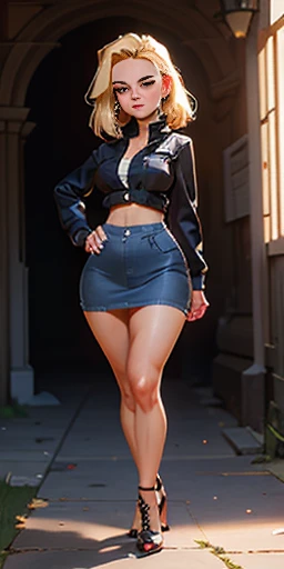 slave female, smirking smile red blush, blindfolded, unparalleled masterpiece, ultra realistic 8k CG, perfect artwork, (1girl:1.1) , solo, ((perfect female figure)), (nsfw), looking at viewer, mature female, bimbo (android 18) standing, (teasing), best quality:1.1 , seductive posture, sexy pose, alluring, (beautiful), (curvy), (thick), blonde hair, (blue eyes:1.2), short hair, earrings, jewelry, denim vest, open vest, black pantyhose, black shirt, denim skirt, striped long sleeves, blue skirt, toned legs, fit, (abs:1.1), (big butt:1.4), peach ass, (athletic body:1.2), (large breasts:1.3, (big_breasts:1.1), wide_hips:1.5, narrow waist, small waist:1.5, slender body:1.2, thick thighs:1.3), (shiny skin:1.2), (hdr), (street:1.2), Nikon D850 film stock photograph Kodak Portra 400 camera f1.6 lens, rich colors, lifelike texture, dramatic lighting, unreal engine, trending on ArtStation, by Gerald Brom, by Frank Frazetta, by Luis Royo, by Julie Bell, by Boris Vallejo