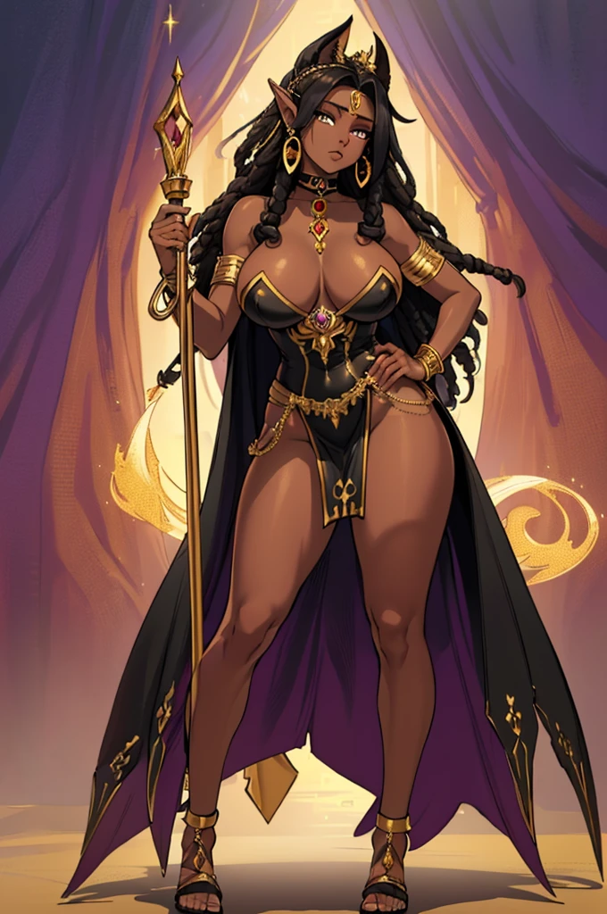 (masterpiece, best quality, high resolution, ((full body, standing,)), ((huge breasts))n African echisera ((dark skin)), long hair, with many dreadlocks, white eyes, pointed ears, gold and purple earrings, choker golden, golden bracelets, full body fantasy amazon echisera dress, long black fur cape, amazon fantasy echisera staff
,full body