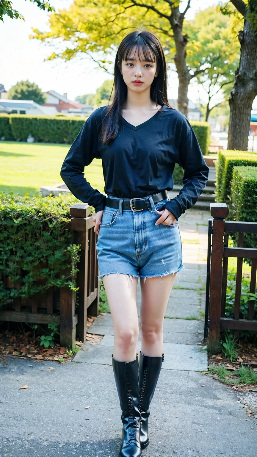 (8K、RAW Photos、Highest quality、masterpiece:1.2)、(Realistic、Realistic)、1 Girl、((blackチェックミニスカート、tie、Medium Hair、black、Thin legs、whole body、boots、blackいロングコート、one piece、garden、View from the front、Looking into the camera、belt、Stand with hands on hips))、