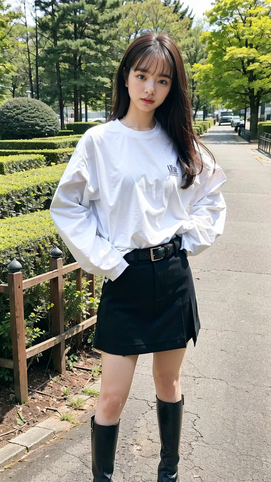 (8K、RAW Photos、Highest quality、masterpiece:1.2)、(Realistic、Realistic)、1 Girl、((blackチェックミニスカート、tie、Medium Hair、black、Thin legs、whole body、boots、blackいロングコート、one piece、garden、View from the front、Looking into the camera、belt、Stand with hands on hips))、