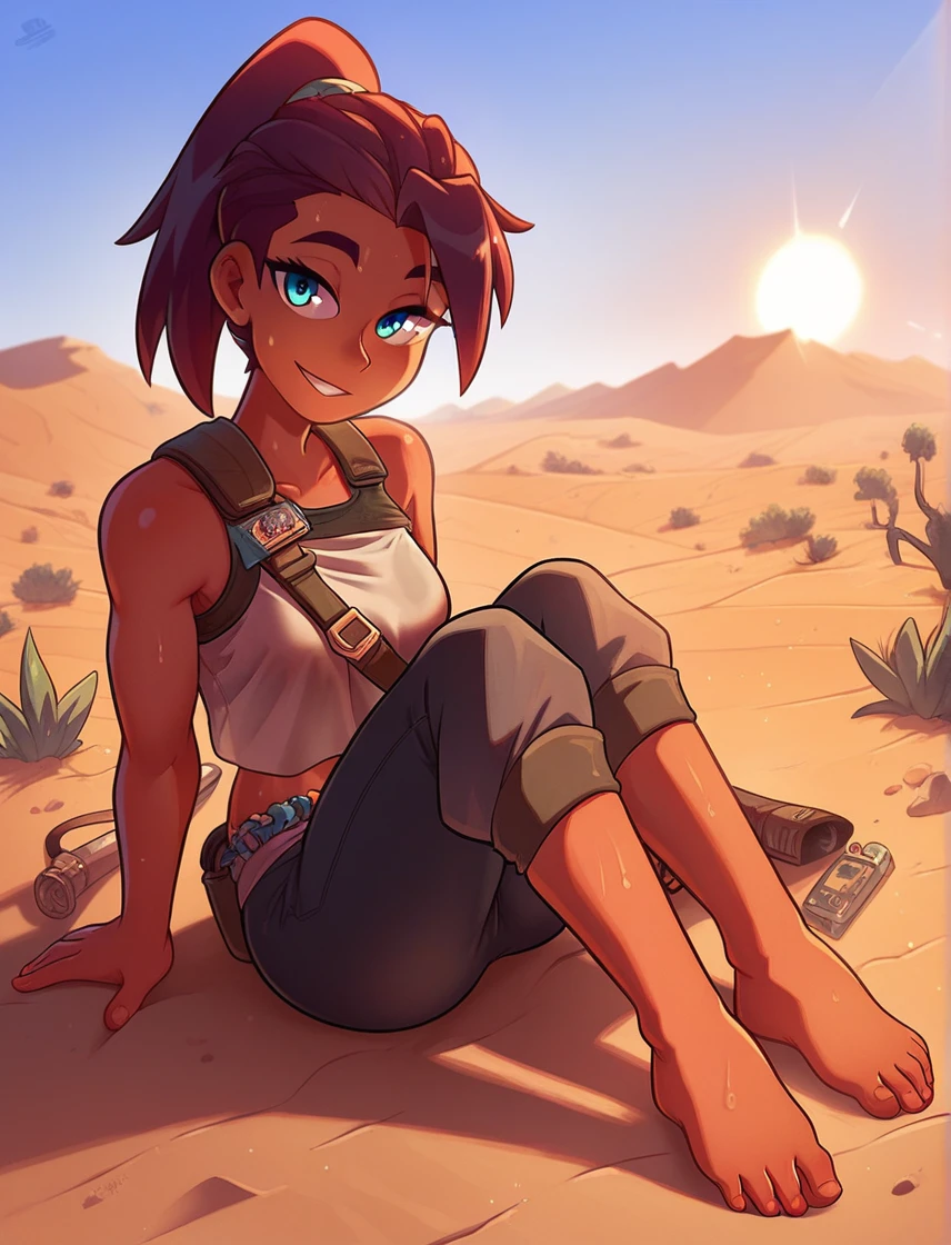 score_9, score_8_up, score_7_up, girl, tan, scorching sun, sweating profusely, desert, exhausted, looking at viewer, smile, ponytail, secret hideout, barefoot