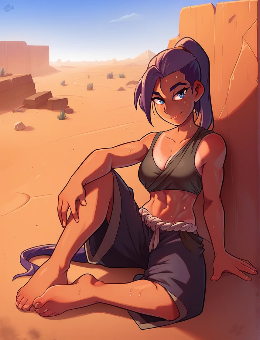 score_9, score_8_up, score_7_up, girl, tan, scorching sun, sweating profusely, desert, exhausted, looking at viewer, smile, ponytail, secret hideout, barefoot