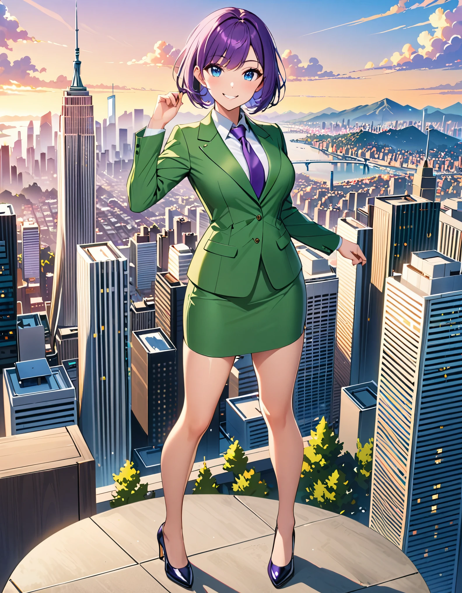 masterpiece, best quality, highres, 1girl, solo, green suit and tie, pencil skirt, miniskirt, bare legs, matching shoes, looking at viewer, city backdrop, perfect hands, perfect eyes, perfect legs, perfect arms, perfect fingers, medium breasts, standing, purple hair, short hair, bob hair, blue eyes, standing, smile, full body with costume, :d