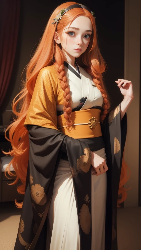 Young princess, striking figure, long flowing ginger hair, wavy hairs, fair skin, freckles, kolito, innocent and regal appearance, expressive green eyes are filled with a mix of curiosity and determination, her slender frame, elegant grace, vibrant orange kimono with white and black decorations, very long sleeves hiding hands