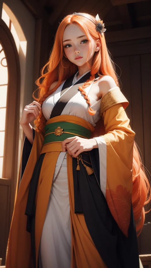 Young princess, striking figure, long flowing ginger hair, wavy hairs, fair skin, freckles, kolito, innocent and regal appearance, expressive green eyes are filled with a mix of curiosity and determination, her slender frame, elegant grace, vibrant orange kimono with white and black decorations, very long sleeves hiding hands