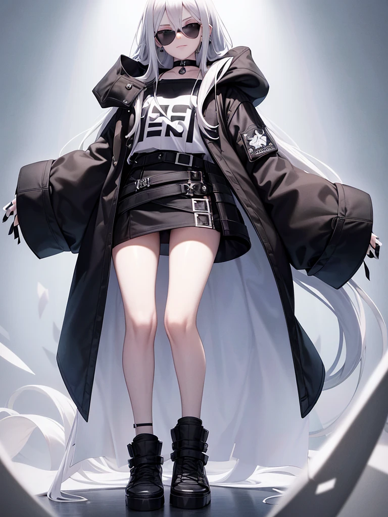 white background, 1girl, full body, adult, standing, pale skin, very long white hair, white hair, sunglasses showing eyes, blue eyes, oversized black hoodie, black shoes, black nails, black choker, black thigh belt, silver earrings, smirk.