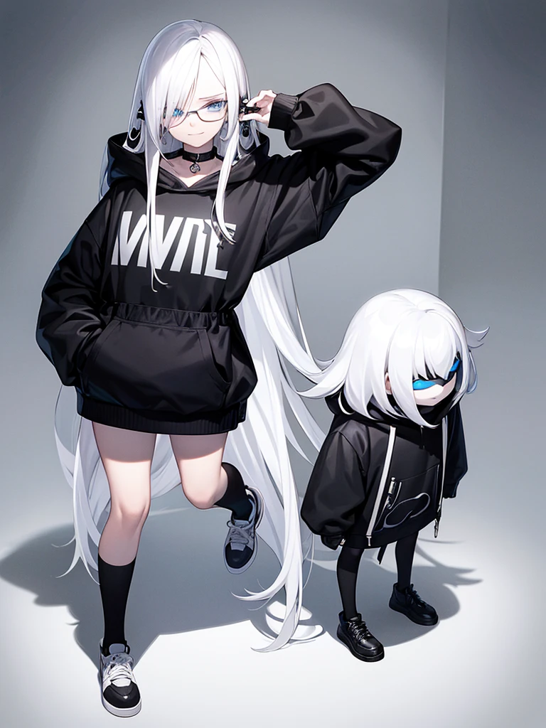 white background, 1girl, full body, adult, standing, pale skin, very long white hair, white hair, sunglasses showing eyes, blue eyes, oversized black hoodie, black shoes, black nails, black choker, black thigh belt, silver earrings, smirk.