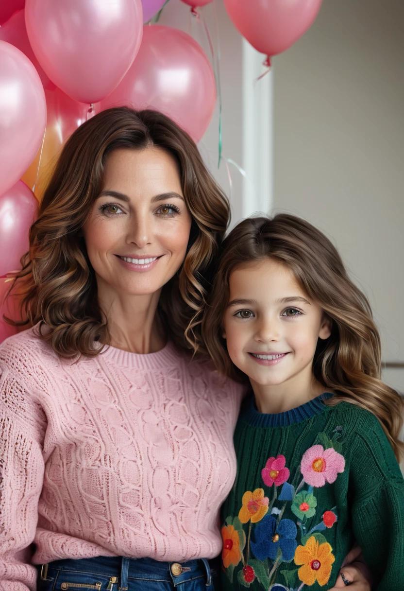 A warm photograph between a 45-year-old brunette woman with medium and sagging breasts, beautiful wavy brown hair next to her 10-year-old daughter. Her mother, very serious, is wearing a luxury dark green Louis Vuitton sweater and navy blue jeans. She is standing next to her daughter. The girl is smiling and wearing a pink Gucci sweater with printed flowers. Her almond eyes shine with joy as they look at each other.
The background is a lively children's party, full of colorful balloons and playful clowns.
