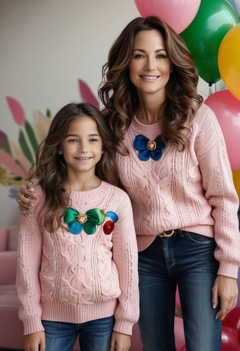 A warm photograph between a 45-year-old brunette woman with medium and sagging breasts, beautiful wavy brown hair next to her 10-year-old daughter. Her mother, very serious, is wearing a luxury dark green Louis Vuitton sweater and navy blue jeans. She is standing next to her daughter. The girl is smiling and wearing a pink Gucci sweater with printed flowers. Her almond eyes shine with joy as they look at each other.
The background is a lively children's party, full of colorful balloons and playful clowns.