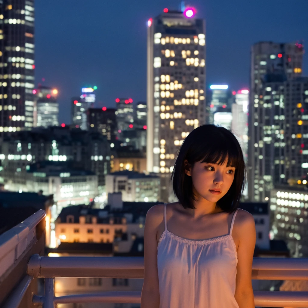 Girl with medium short black hair. At night on a balcony 