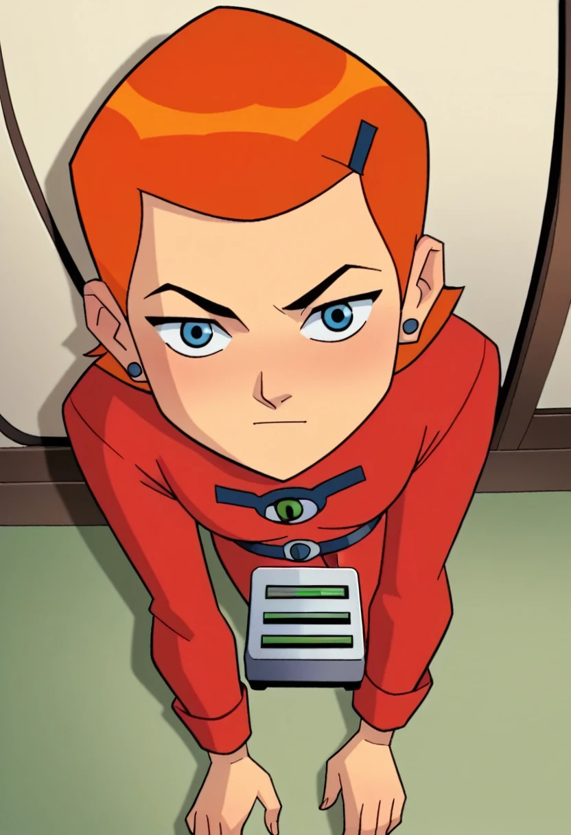 punctuation_9, punctuation_8_High above, punctuation_7_High above, punctuation_6_High above, punctuation_5_High above, punctuation_4_High above, BREAK 1 girl, trevo \(Totally spies\), hair blonde, shorth hair, blue colored eyes, (Red Jumpsuit:1.2), waist belt, ssmile, gazing at viewer, standing, High aboveper body, Inside the house, ass pov