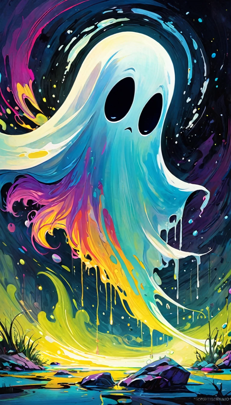 a ghost, oil painting, pop art style, vibrant colors, dynamic composition, Skottie Young and Bill Sienkiewicz inspired, detailed textures, dramatic lighting, surreal elements, fantastical creatures, bold brushstrokes, striking contrast, whimsical atmosphere, dreamlike quality, (best quality,4k,8k,highres,masterpiece:1.2),ultra-detailed,(realistic,photorealistic,photo-realistic:1.37)