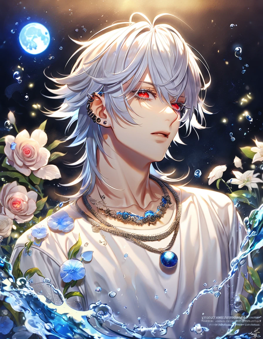 absurdres, highres, ultra detailed, HDR, master piece, Aohitsugi Samatoki, white hair, expressive red eyes, white shirt, long lashes, Hypnosis Mic, sexy man, handsome, best quality, blue moon, flowers, fantasy, magical, solo, water, blue shining fireflies, blue petals, piercings, triangle-shaped necklace