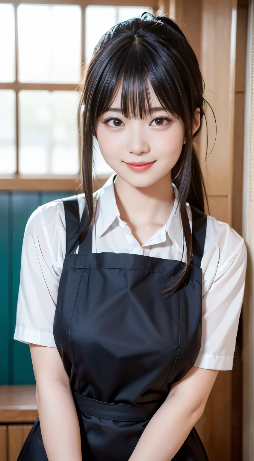 (Highest quality,masterpiece:1.3,Ultra-high resolution,),(Very detailed,Caustics),(Realistic:1.4,RAW shooting,)Ultra-Realistic Capture,Very detailed,High resolution 16k human skin closeup。 Natural skin texture、,pores、、、、It must be detailed enough to be easily identifiable。 Skin tone is even and healthy looking。 Use natural light and color,restaurant,Waitress Uniform,1 girl,Japanese,18-year-old,cute,Black-haired,ponytail,Big Breasts,smile,Turn your body forward,(Front view:1.1),Looking into the camera,Cowboy Shot,