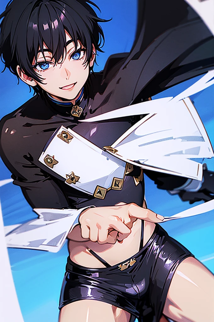 black hair boy, detailed blue eyes, wearing , smiling,