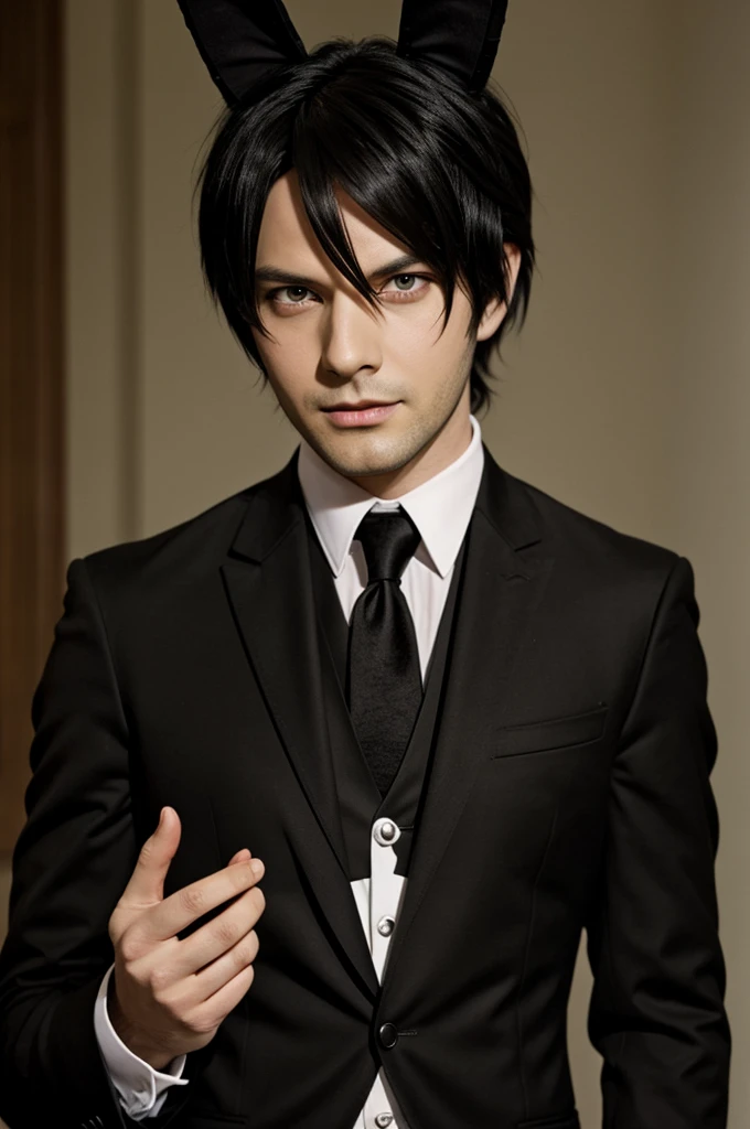 Sebastian Michaelis kuroshitsuji with light brown eyes, sexy black hair with bunny ears