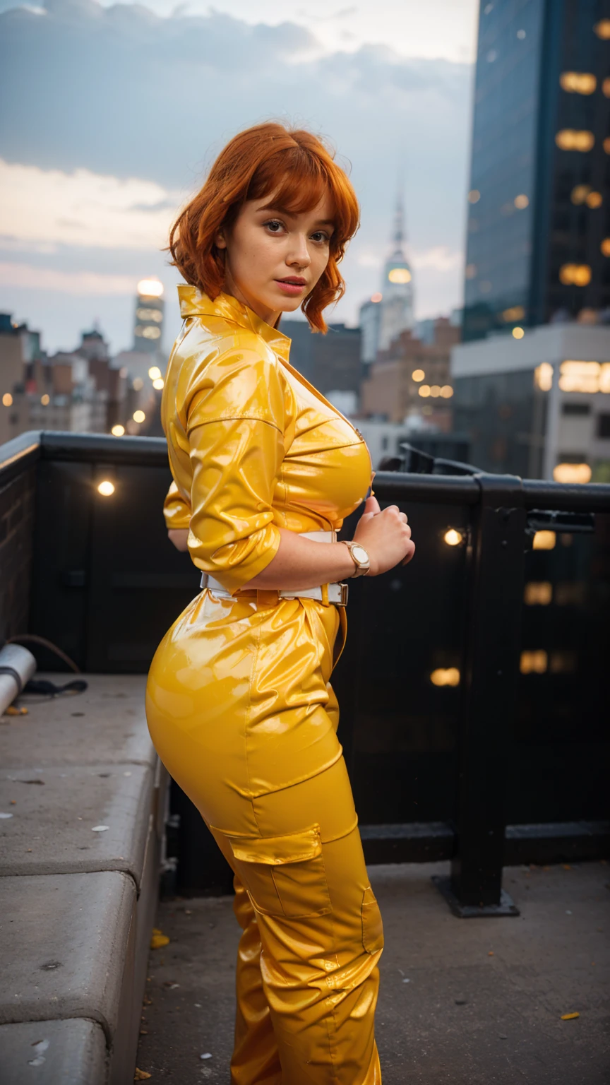 (masterpiece), (best quality), (solo character), (large breasts), (photorealistic:1.4), (chr1sh3n wearing white belt), (apriloneil costume, jumpsuit), (yellow latex jumpsuit), (apriloneil hairstyle), (apriloneil white belt), (apriloneil boots), (aprilonei wearing watch), (epiCRealLife), (lora:epiCFlashPhoto), (red hair), (red lipstick), (brown eyes), (young woman), (flashphoto), (at night), (new york city view), (garden rooftop), (outdoor),(different photo poses), 