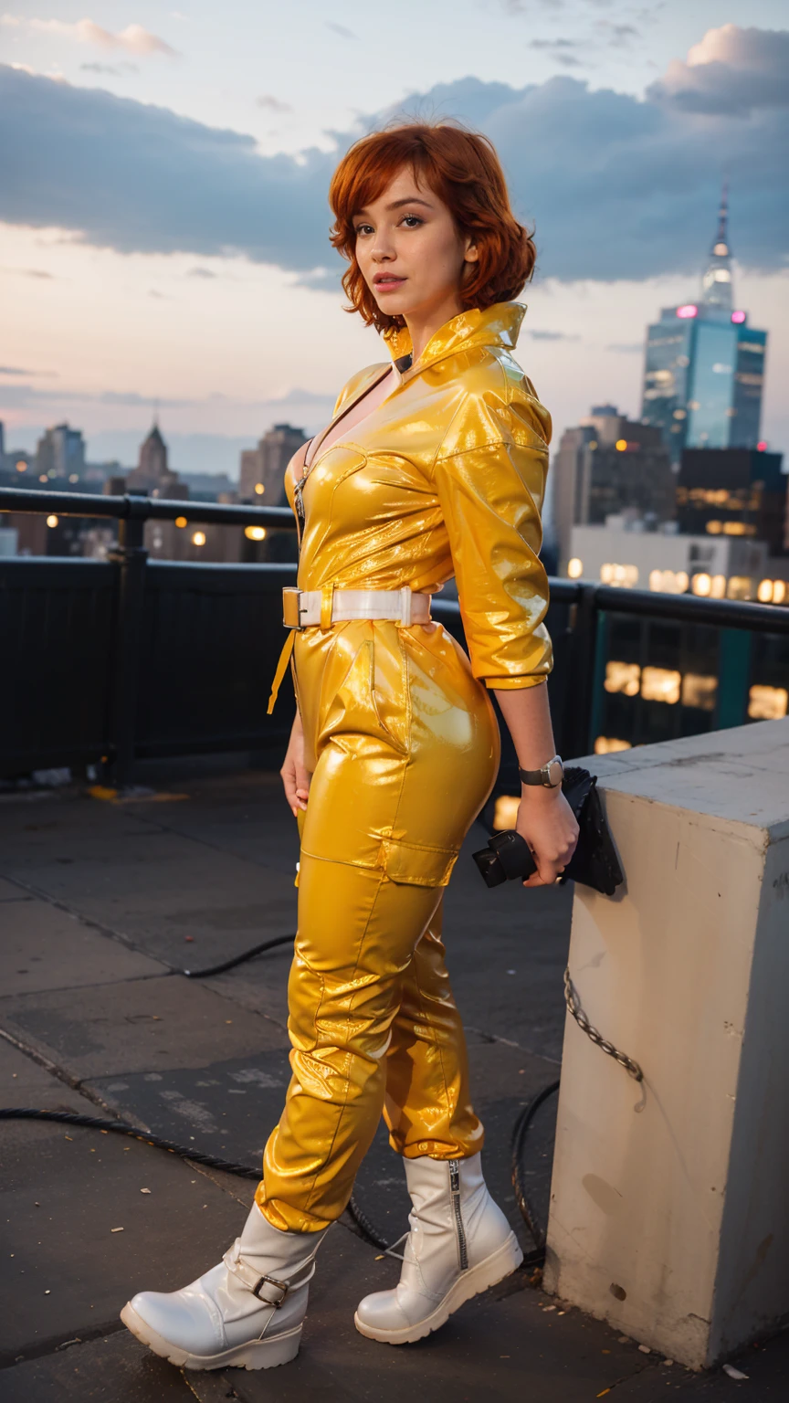 (masterpiece), (best quality), (solo character), (large breasts), (photorealistic:1.4), (chr1sh3n wearing white belt), (apriloneil costume, jumpsuit), (yellow latex jumpsuit), (apriloneil hairstyle), (apriloneil white belt), (apriloneil boots), (aprilonei wearing watch), (epiCRealLife), (lora:epiCFlashPhoto), (red hair), (red lipstick), (brown eyes), (young woman), (flashphoto), (at night), (new york city view), (garden rooftop), (outdoor),(different photo poses), 