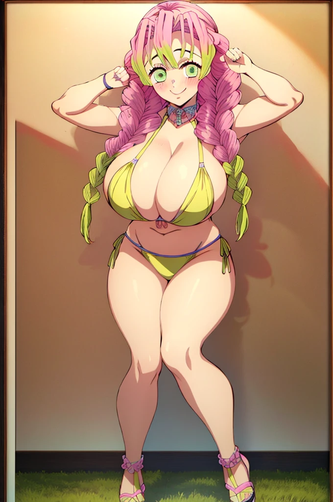 (masterpiece, best quality), intricate details,
MitsuriKanroji, kanroji mitsuri, 1girl, solo, long hair, winking, green eyes, pink hair, green hair, twin braids, smile, cute smile, blushed smile, blush, blushing, large breast, huge breasts, bikini top, collarbone, neck, bare shoulders, yellow bikini top, cleavage, full body, cowboy shot, plain background, white background, photoshoot, perfect shot, perfect framing, full body shot, hands behind head, peace sign