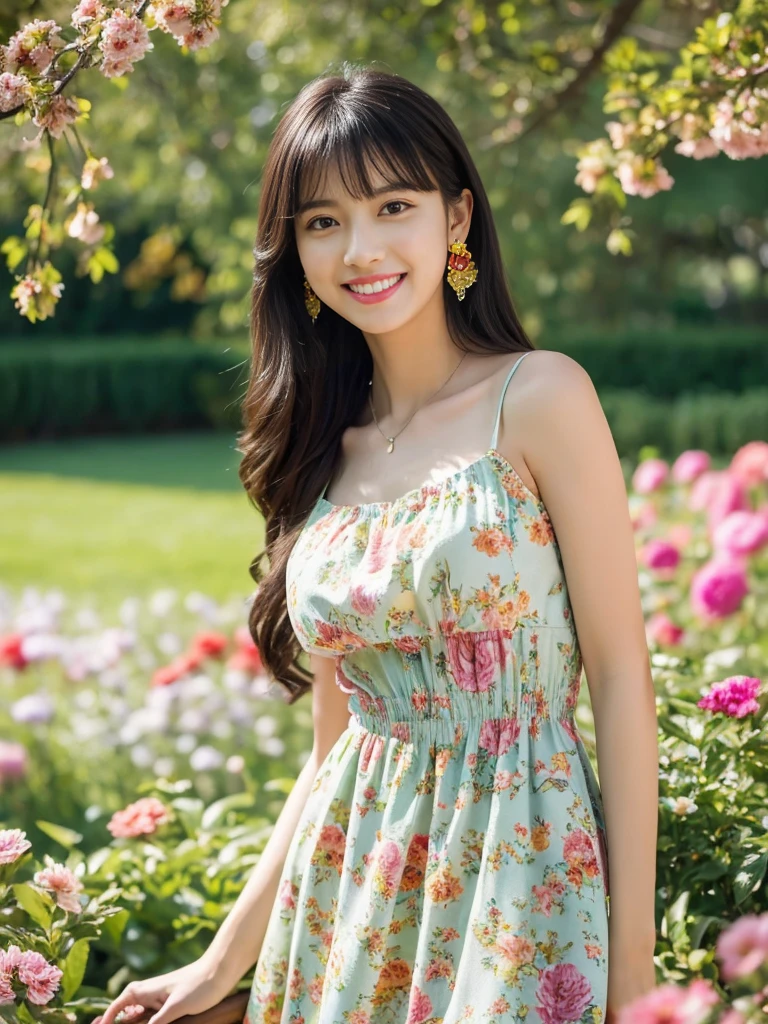 ((Masterpiece)), 8k, Masterpiece, Highest Quality, 1 Girl, Solo, Realistic, Garden, Photorealistic, Super Detailed, Detailed Background, (Solo: 1.4), Happy Expression, Slender Body, Realistic Highly detailed long hair, intricate details, masterpiece, top quality, waist shot, (flowery garden background)), smile, ((looking at camera)), earrings, long straight black hair, asymmetrical bangs, natural chest , colorful dress,